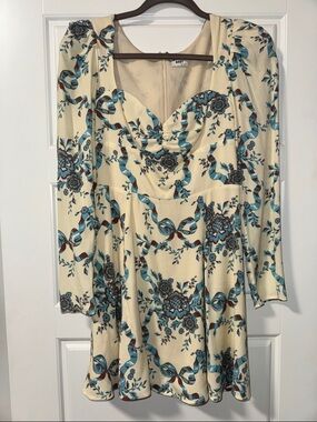 Sunday Best Cream Long Sleeve Dress with Blue and Brown Ribbon Floral Print